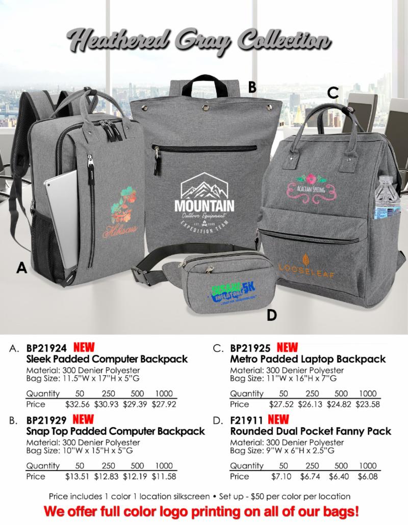 ThreeKpromo's tweet image. I'm in love with these new bags! Each one has different features to fit your daily requirements. They're so classy looking that people will notice and with your business logo on them, you're a walking billboard! #Bags #HeatherGray #ComputerBackpacks #FannyPacks #MultiUses