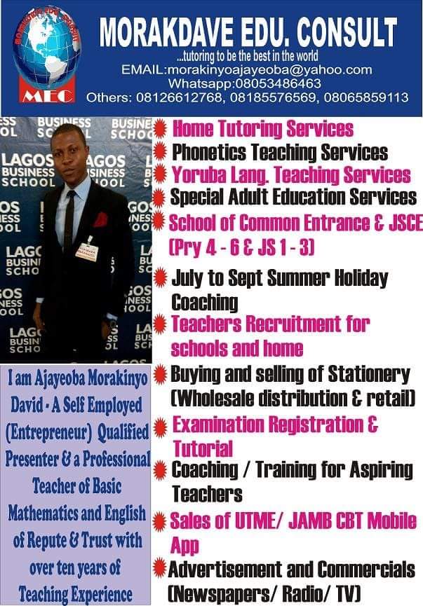 AjayeobaD's tweet photo. ...Interested In Running A Senior Secondary After School Tutorials or Morning O'Level GCE/JAMB Tutorials?

Location Address:MorakDave Edu. Consult Tutorials and Schools Centre 68, Arowojobe Street Oshodi Lagos

Contact me if you are interested!

Talk to Mr David

08053486463 https://t.co/FGe3D69F2i