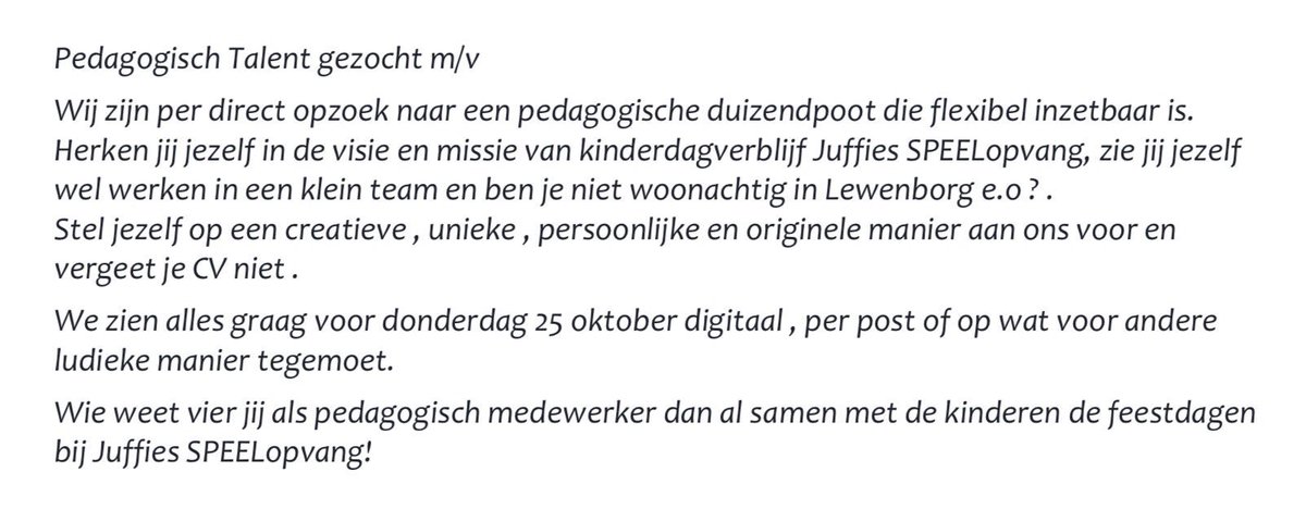 SPEELopvang Juffies zoekt versterking! Iets voor jou?