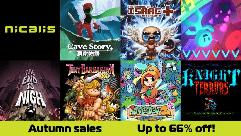 Check out the Nicalis Autumn eShop Sale (EU only) on #NintendoSwitch hits like: 
#CaveStory+ bit.ly/2NKC0xK
#BindingOfIsaac Afterbirth+ bit.ly/2P3Q7D3
#VVVVVV bit.ly/2QWYo8Z
and more.
NOW through 27.10.2018!