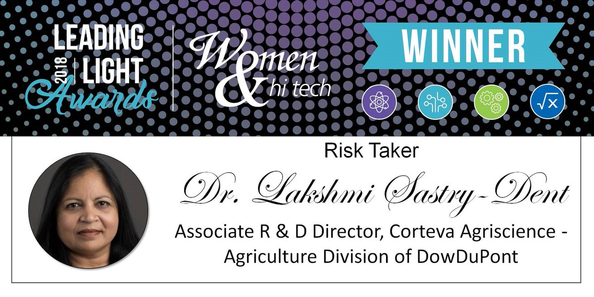 AgriNovusIN's tweet photo. ICYMI: A big congratulations to Dr. Lakshmi Sastry-Dent of #AgriNovusIN key partner @Corteva for winning the Risk Taker Leading Light Award at the @WomenandHiTech #2018LLA! #WomenInSTEM https://t.co/Hy2xBHK2AE