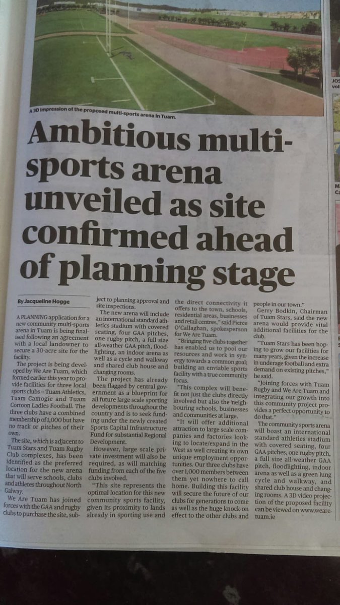 TuamSports's tweet photo. There has been an outpouring of enthusiasm and support for the plans since we launched the video at the weekend and which has reached nearly 40,000 people. We will need to raise 25% of the costs from private means.The West is Awake! Please click here https://t.co/9YmoBv12Am https://t.co/dU2uPiSH9f