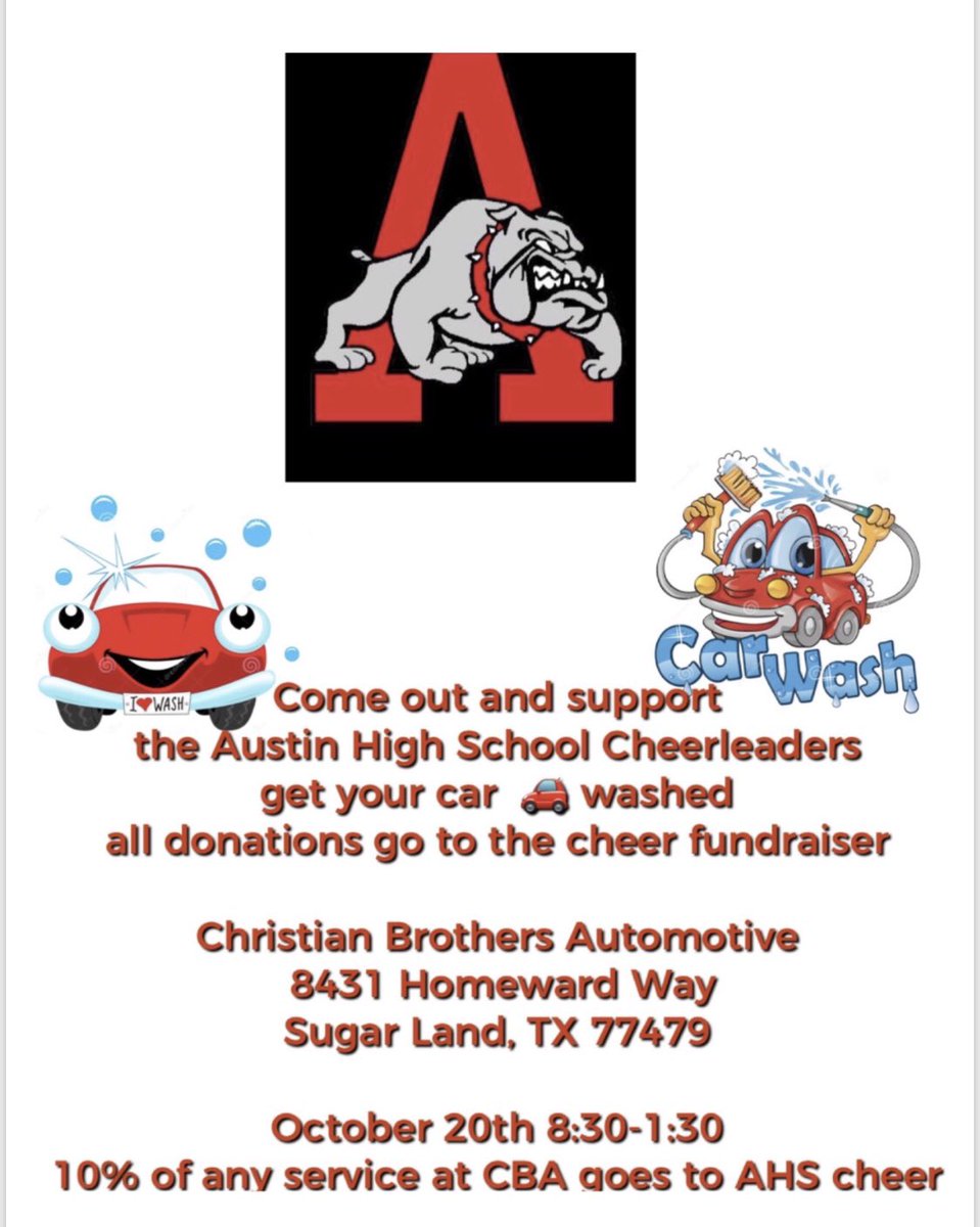 AustinCheer's tweet photo. CHEER CAR WASH! T H I S  Saturday! Make sure to stop by, get your car washed, &amp; help support cheer with this fantastic fundraiser! #gocheer #togetherisbetter https://t.co/8YUYZFTd0w