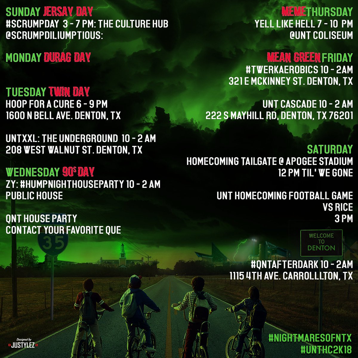 realdonlo's tweet photo. You know the vibes. 

I got em all #UNTHC2k18. 

Black Moon specials all week! Bottle delivery, cus we NOT drinking and driving this HC. 

SUNDAY is Jersey Day @ @scrumpday! 

• Showing the Cowboys Game 
• 2K Tournament 
• Drinks too
• and food! Let’s get it! https://t.co/JhkX9r2SmA