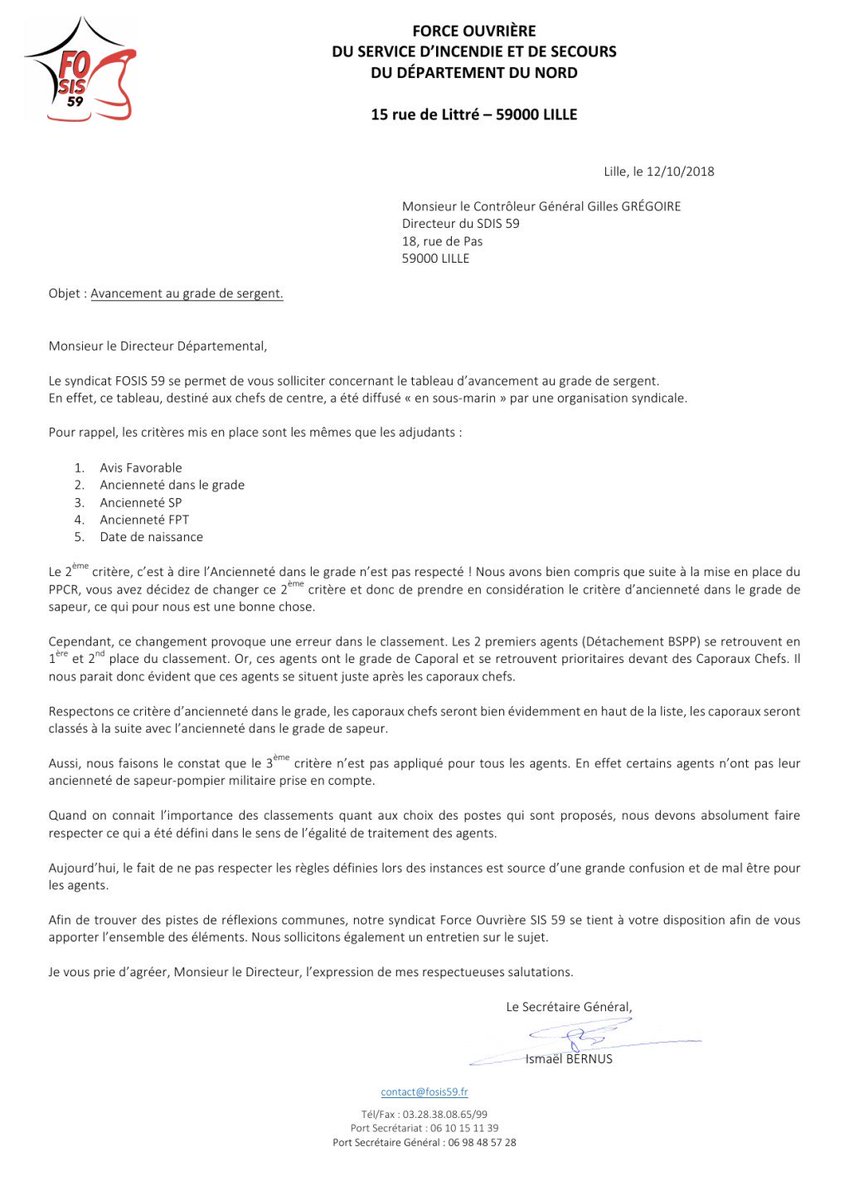 FOSIS59's tweet image. Courrier au directeur concernant le tableau d’avancement au grade de sergent fosis59.fr/?p=6870