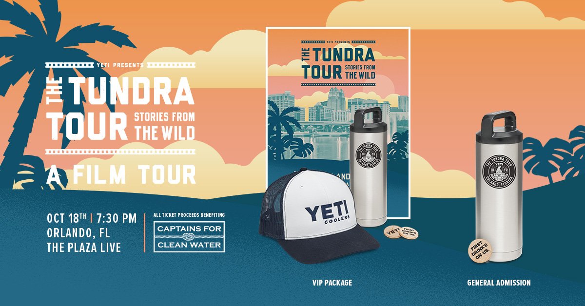 YETICoolers's tweet photo. The YETI Tundra Film Tour is heading to Orlando tomorrow (10/18).  All ticket proceeds will benefit @Capt4CleanWater plus YETI will be matching proceeds and donating to @OpBBQRelief to aid in Hurricane Michael assistance. Get your tickets here-https://t.co/LWmPEbncGf https://t.co/Fqa5S0iamV
