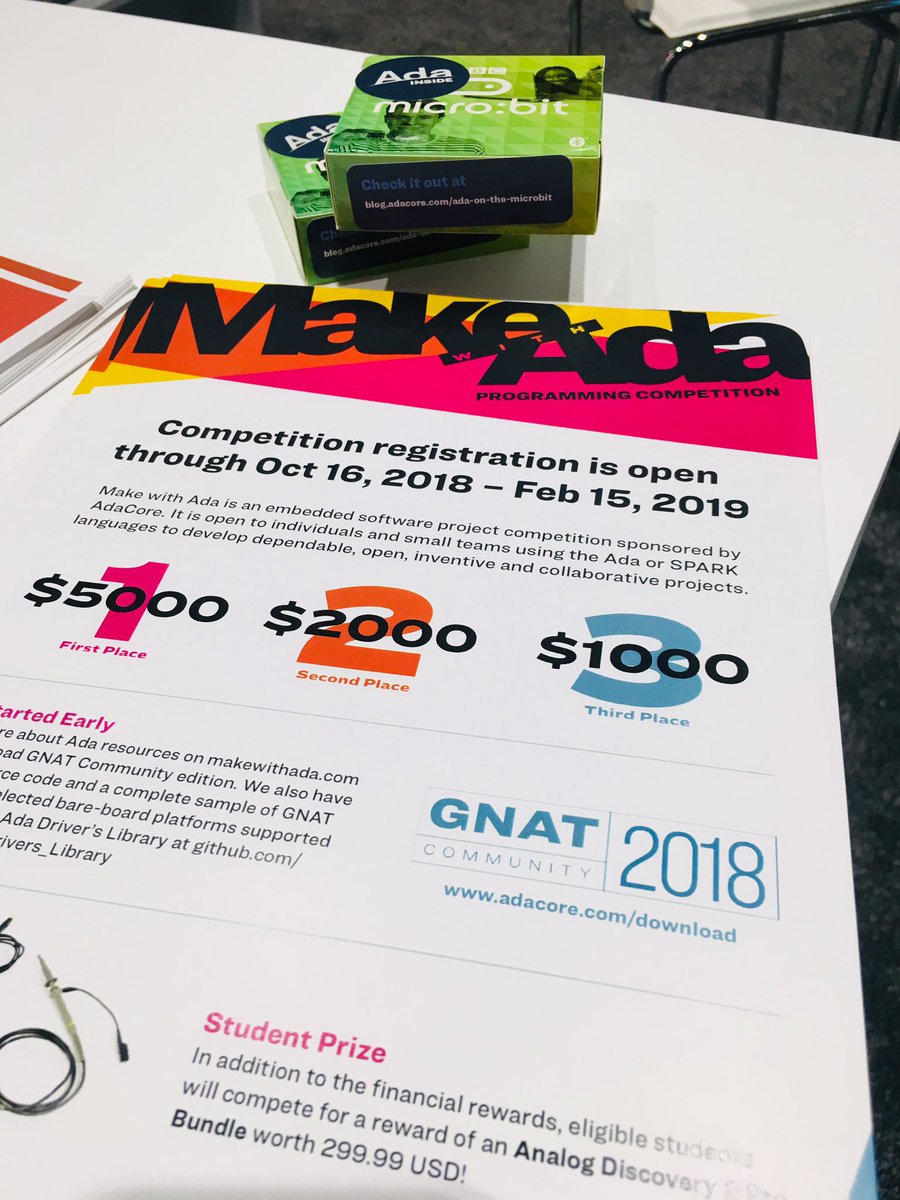 AdaCoreCompany's tweet image. We’re at #ArmTechCon and giving away a free @bbc_microbit for all those with an interesting project idea for our annual #MakewithAda competition. Come find us at booth 1228! #Adaprogramming #embeddedprogramming @Hacksterio