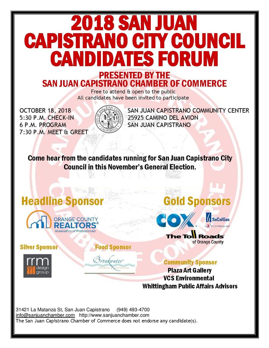 VisitSJC's tweet image. Join the SJC Chamber of Commerce's SJC City Council Candidate Forum 10/18/18.  Register now, space is limited FREE
goo.gl/58gmhL