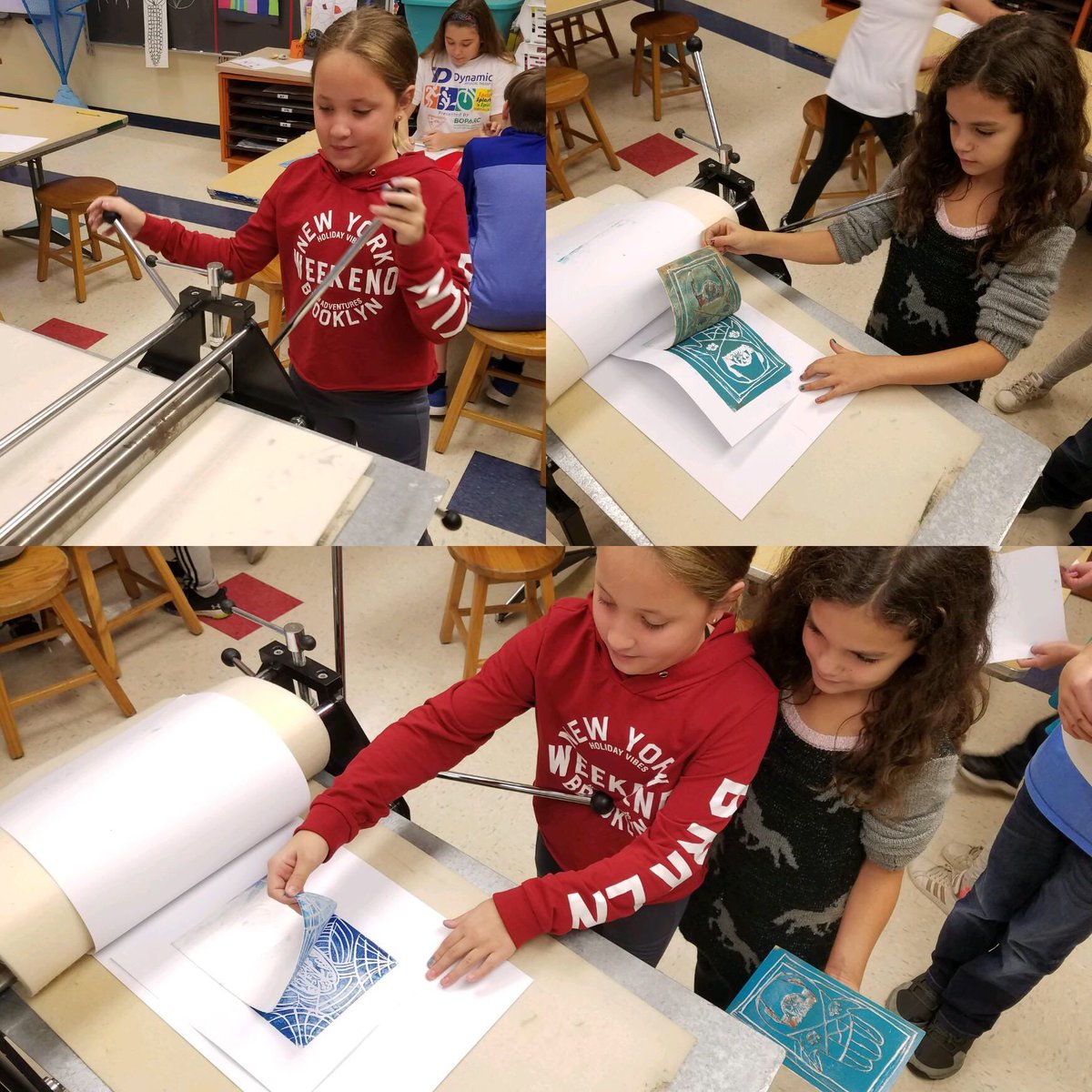 MountainView_ES's tweet photo. MVES 4th grade students finished their printmaking unit in art class with a chance to use the new printing press. They loved learning about this tool and seeing their prints turn out just right! #MVES #arted #moreARTplease #printmakingproblems https://t.co/OYvXpbjbVB