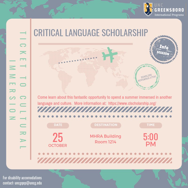 globalqep's tweet photo. Interested in an opportunity to spend a summer immersed in another language and culture? Check-out the Critical Language Scholarship Information Session on October 25 in MHRA 1214 at 5:00 PM. #GoGlobalatG https://t.co/yLZS3nXkJZ