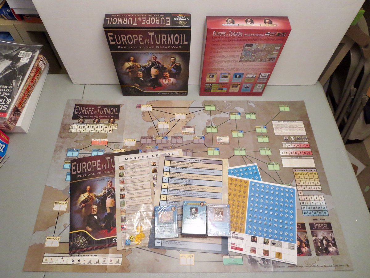 BoardGameBloke's tweet photo. 1st play of Europe in Turmoil by @compassgamesllc last night. Ryan won as the Authoritarians in turn 6. The game is closer to @gmtgames 1989 than #TwilightStruggle 
I especially like the Stability cards mechanic. Thanks to Ryan for playing. Lots of Period feel.
#VCSB #boardgames https://t.co/eAgq30MiiO