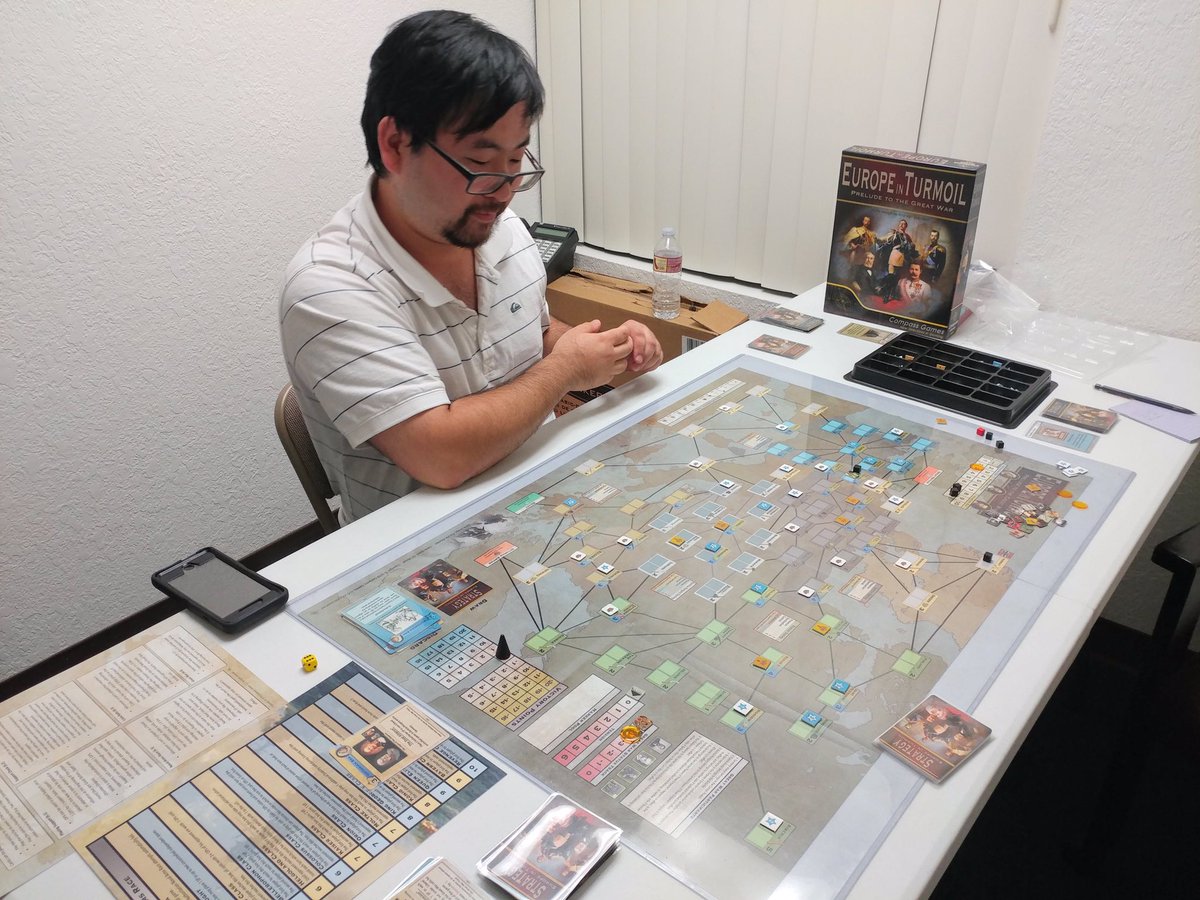 BoardGameBloke's tweet photo. 1st play of Europe in Turmoil by @compassgamesllc last night. Ryan won as the Authoritarians in turn 6. The game is closer to @gmtgames 1989 than #TwilightStruggle 
I especially like the Stability cards mechanic. Thanks to Ryan for playing. Lots of Period feel.
#VCSB #boardgames https://t.co/eAgq30MiiO