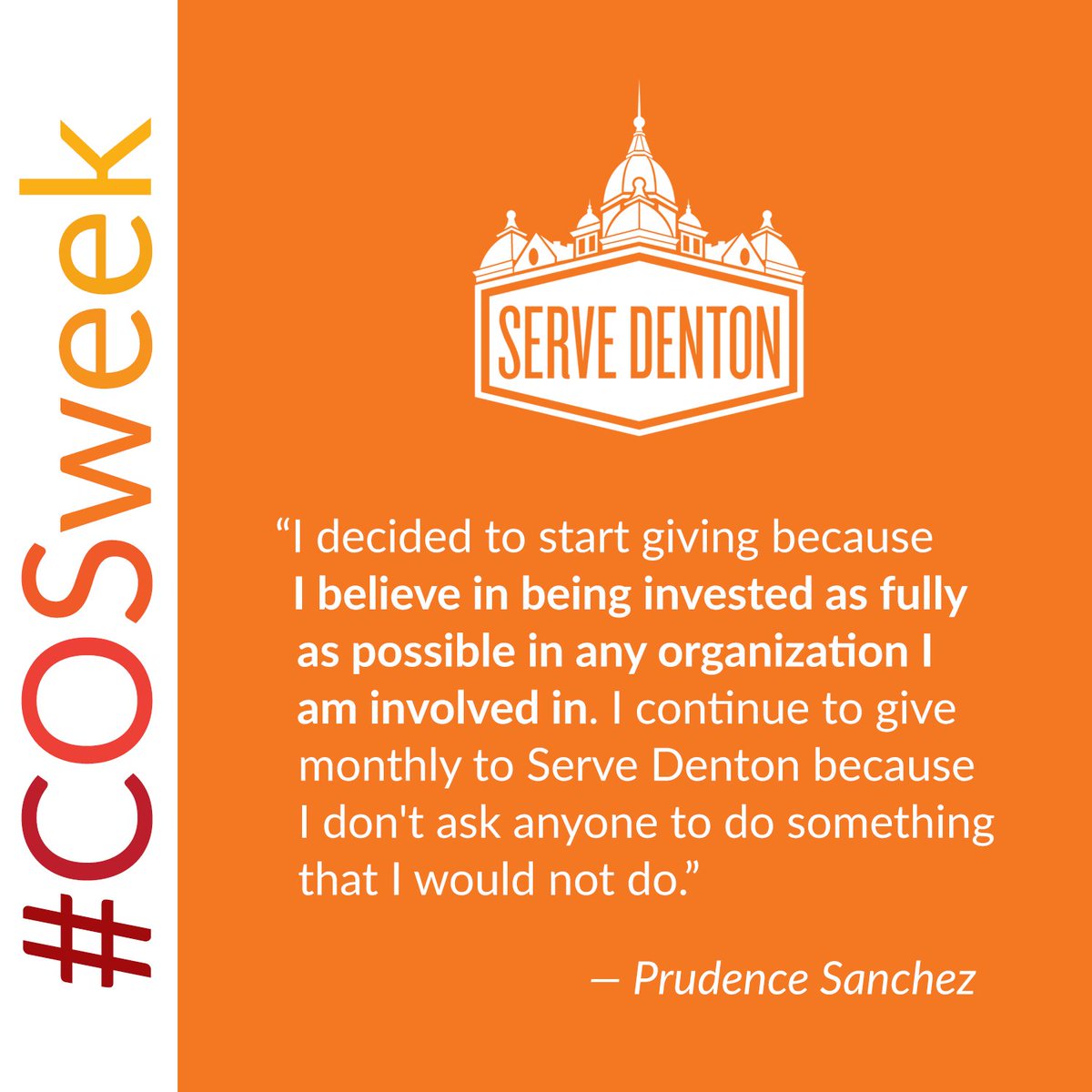 servedenton's tweet image. “I decided to start giving because I believe in being invested as fully as possible in any organization I am involved in.” –Prudence Sanchez #COSweek

Sign Up: servedenton.org/donate