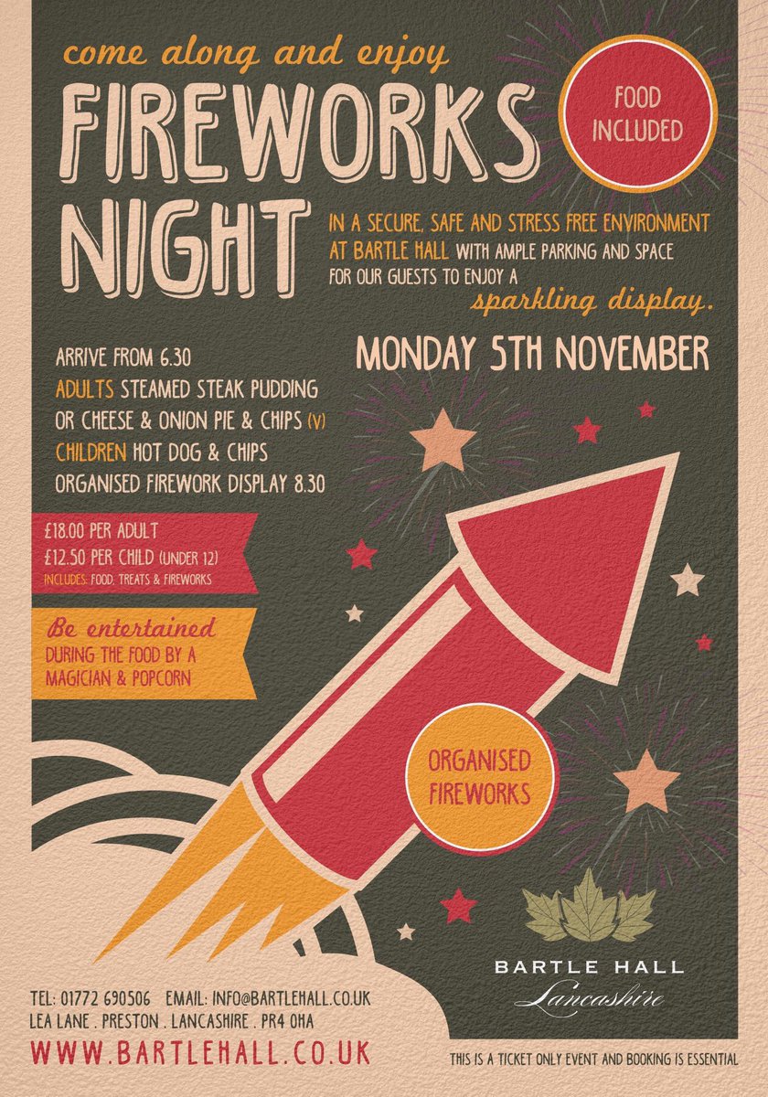 A fireworks night that has lots of sparkle! Includes your food - stress free alternative! Book today 01772 690506