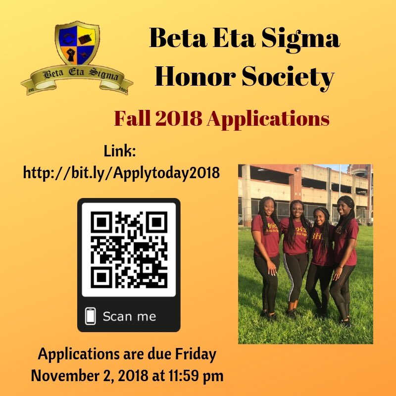 BetaEtaSigma's tweet photo. 📚Appplications for Fall 2018 membership are out now‼️ Applications are due on Friday November 2, 2018 at 11:59pm‼️#Betaetafall2018recruitment https://t.co/MVLty0G6Bc