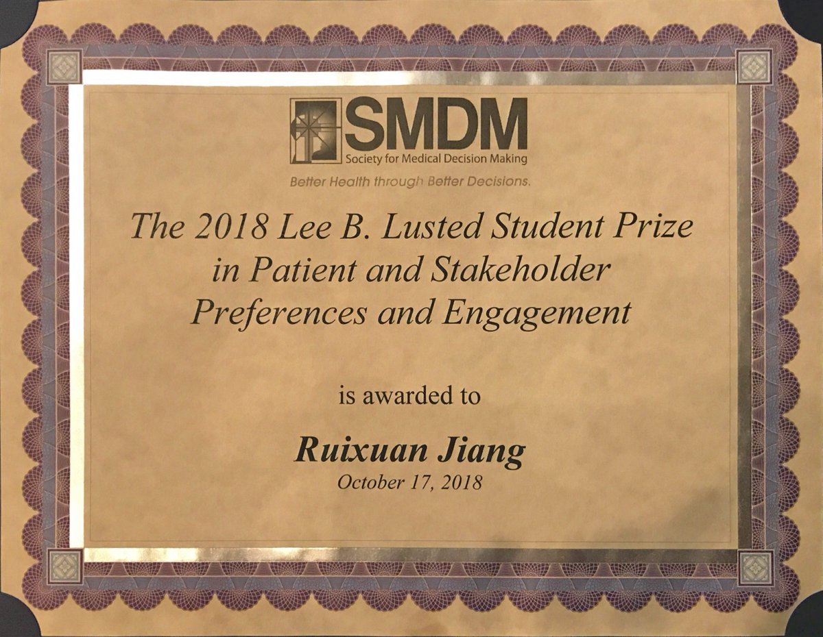 ruixuanjiang's tweet photo. I was honored to receive 1 of the Lee B. Lusted Student Prizes at #SMDM18 in Patient and Stakeholder Preferences and Engagement on my poster comparing face-to-face vs. online preference elicitation!  @ErnestHLaw won the other award in this category! https://t.co/no0T4gay3I