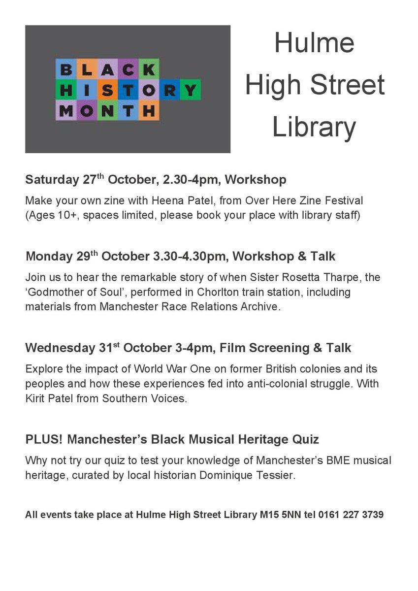 MancLibraries's tweet photo. Get along to #hulmehighstlibrary for #BlackHistoryMonth There's lots going On! @MCCHulme @AnnIgbon @CllrNigel @AnnetteWright https://t.co/rdduFOiXvc