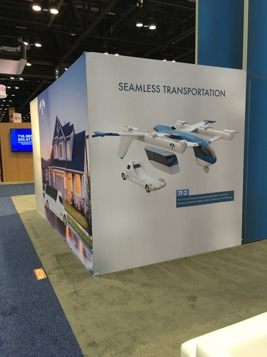 TerrafugiaInc's tweet photo. Stop by #NBAA18 booth 3134 to talk with #Terrafugia team members, see the scale model and hologram of our #eVTOL concept TF2. #DrivenToFly #transportation #aviation #NBAA2018 #travel #mobility #pilots #technology #futuristic #FlyingCars #planes #geely #rebrand https://t.co/SE3ecOulFD