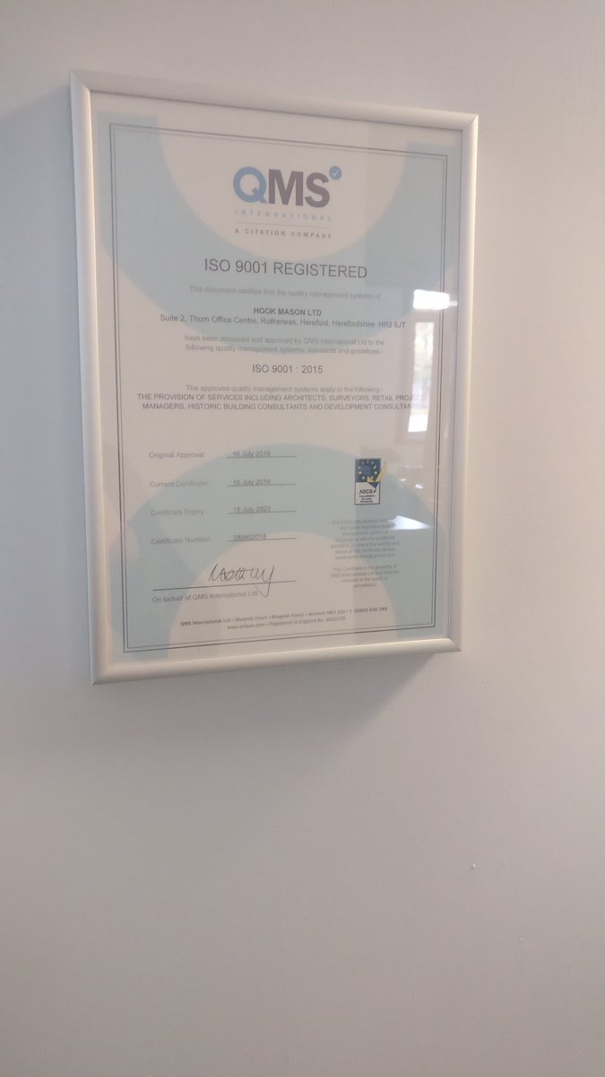 Our @QMSINT #ISO9001 certificate proudly displayed at our Hereford office. A proud achievement for the company. 😁