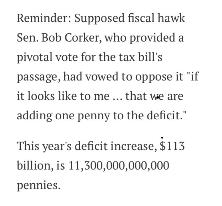 AngryLiberal's tweet image. Here’s a Halloween story for you: put arsonists in charge of fire control—again! Remember when @SenBobCorker said GOP tax cuts better not add “one penny” to the deficit? 

realclearpolitics.com/2018/10/17/red…