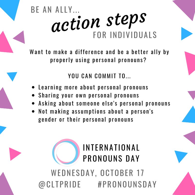 cltpride's tweet photo. Today is the inaugural International @PronounsDay ! We're sharing resources all day long! Keep coming back for more! RT/like and help raise awareness on the importance of respecting personal pronouns. Find more shareable resources online at https://t.co/AYxliFm7e7

#PronounsDay https://t.co/pc1rOmrofS