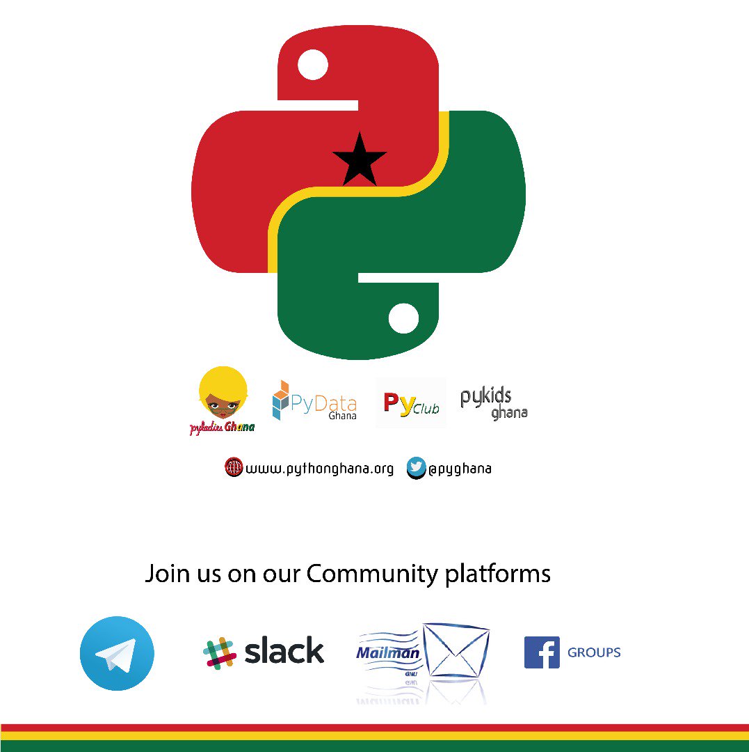 Python Ghana (@pyghana) on Twitter photo Python Ghana Software Community Social Platforms
*Telegram:*
t.me/joinchat/Hnu01โฆ
*Mailing List:*
Send *'subscribe'* to *pythonghana-join@python.org* vai email
*Slack:*
join.slack.com/t/pythonghana/โฆ
*Facebook Group:*
facebook.com/pyghana Python Ghana Software Community Social Platforms
*Telegram:*
t.me/joinchat/Hnu01โฆ
*Mailing List:*
Send *'subscribe'* to *pythonghana-join@python.org* vai email
*Slack:*
join.slack.com/t/pythonghana/โฆ
*Facebook Group:*
facebook.com/pyghana