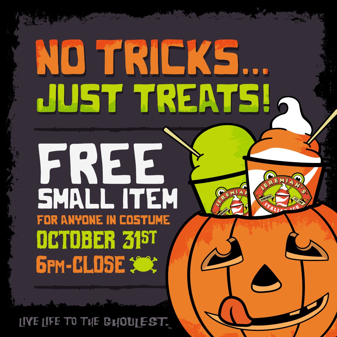 jeremiahsice's tweet photo. Indulge your sweet tooth to a refreshing stop at Jeremiah's Ice on your Trick-or-Treating route this year! Pick up a FREE Small Treat when you drop by your local #JeremiahsIce in costume on Halloween after 6pm! #NoTricksJustTreats #LiveLifeToTheGhoulest https://t.co/gBnrgY5pp2 https://t.co/H505xLONt9