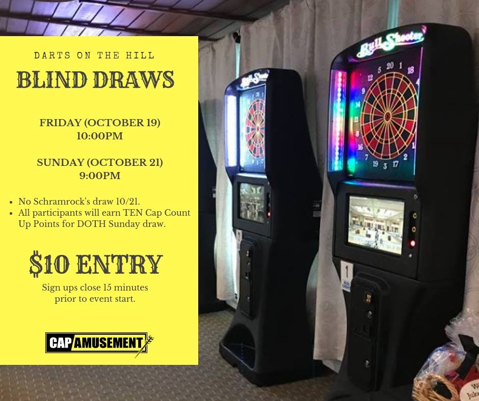 capamusement's tweet photo. Take a look at the blind draw schedule for this weekend at #DOTH! CAP players, you can earn TEN cap count up points by participating in the Sunday night draw. There will not be the regular Schramrock's draw this weekend. https://t.co/3l9bw5tFud