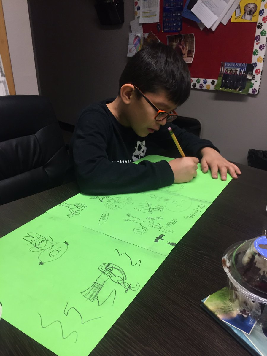 Ms_Bazz's tweet photo. Look who had to come down to finish his drawing for his new friend @JonPokorabsd100 #veryfocused #haunteddrawings #niceandcalm #newfriends #teampershing #D100Inspires https://t.co/0CFB5lx8Xr