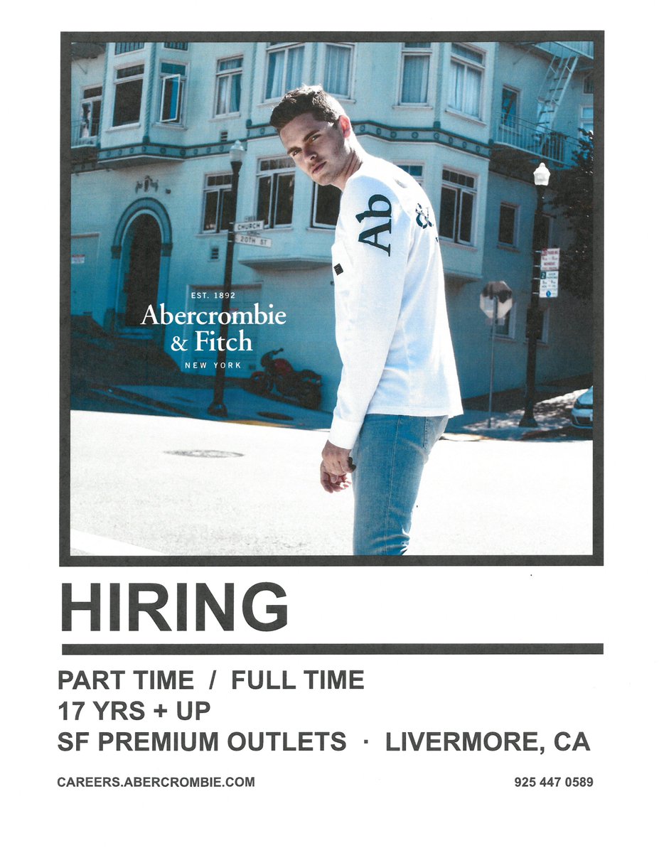 DublinHS_CCC's tweet photo. Abercrombie and Fitch Hiring in Livermore Outlets. Must be 17 years or older. Apply at https://t.co/aZEJ1xuw4N https://t.co/xuBigUsBlF
