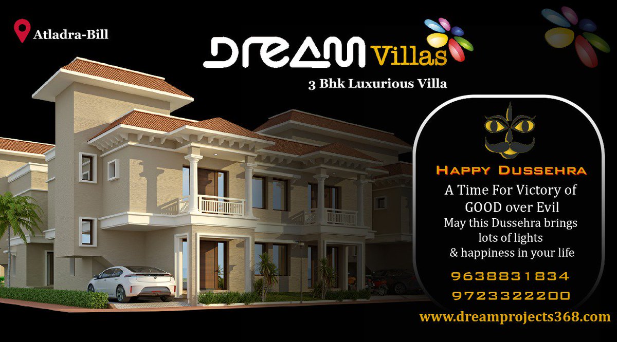 DreamProject368's tweet image. *DREAM NAVRATRI OFFER*– THIS NAVRATRI BOOK YOU DREAM HOME @ DREAM VILLAS. A 3BHK EXCLUSIVE ROMAN STYLE VILLAS
OFFER UPTO 1.5 LACS*
VISIT US TODAY &amp;amp; SELECT YOUR PERFECT HOME TODAY 
SITE ADDRESS -B/h Samanvay Status II,Nr. Pratham Riviera, #Atladra-Bill canal,
Vadodara. 9638831834