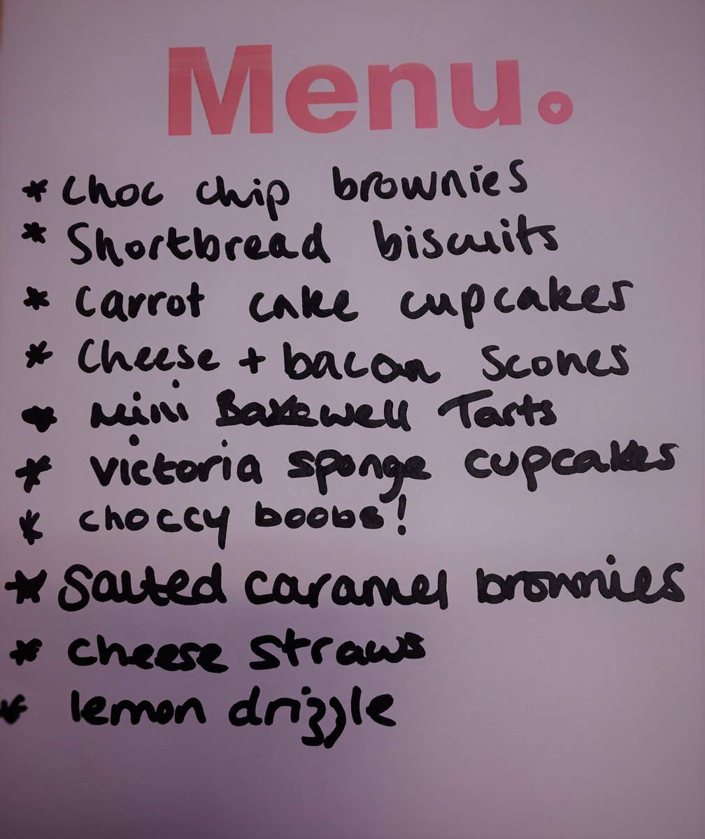 Here's a sneak preview of our menu for our bake sale on Friday 19th October!!!! 🍰 🍪 🍩 😋 #moretocome #wearitpink #TLG #charity #thecaloriesdontcountifitsforcharity #breastcancerawareness #cake