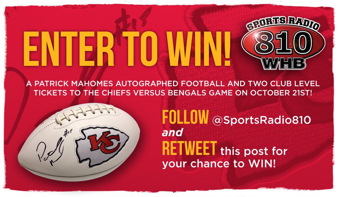 Sports Radio 810 WHB (@sportsradio810) on Twitter photo ‼️GIVE AWAY ALERT‼️
.
FOLLOW <a href="/SportsRadio810/">Sports Radio 810 WHB</a> & RETWEET this post for your chance to WIN a Mahomes autographed football & two tickets to #KCvsCIN
.
Tune into #810WHB for most in-depth #Chiefs news & information all season long.
.
+18 to enter. Rules at 810whb.com ‼️GIVE AWAY ALERT‼️
.
FOLLOW <a href="/SportsRadio810/">Sports Radio 810 WHB</a> & RETWEET this post for your chance to WIN a Mahomes autographed football & two tickets to #KCvsCIN
.
Tune into #810WHB for most in-depth #Chiefs news & information all season long.
.
+18 to enter. Rules at 810whb.com
