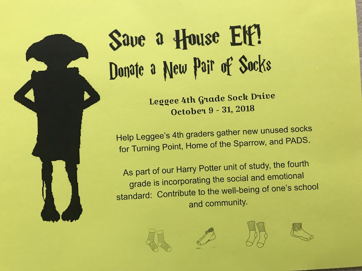 ouosu1's tweet photo. Leggee fourth graders are saving house elves for their Harry Potter read aloud by collecting new socks to be donated to PADS and Turning Point. Help by donating a pair by October 31st. @Dist158 #socksneeded https://t.co/NMH2hXqNBD