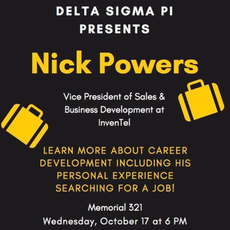 RiderBusiness's tweet image. Join Delta Sigma Pi at their event TODAY at 6pm in Memorial 321. Special guest, Nick Powers, VP of Sales &amp;amp; Business Development at InvenTel will be discussing career development! #RiderCBA #DeltaSigmaPi