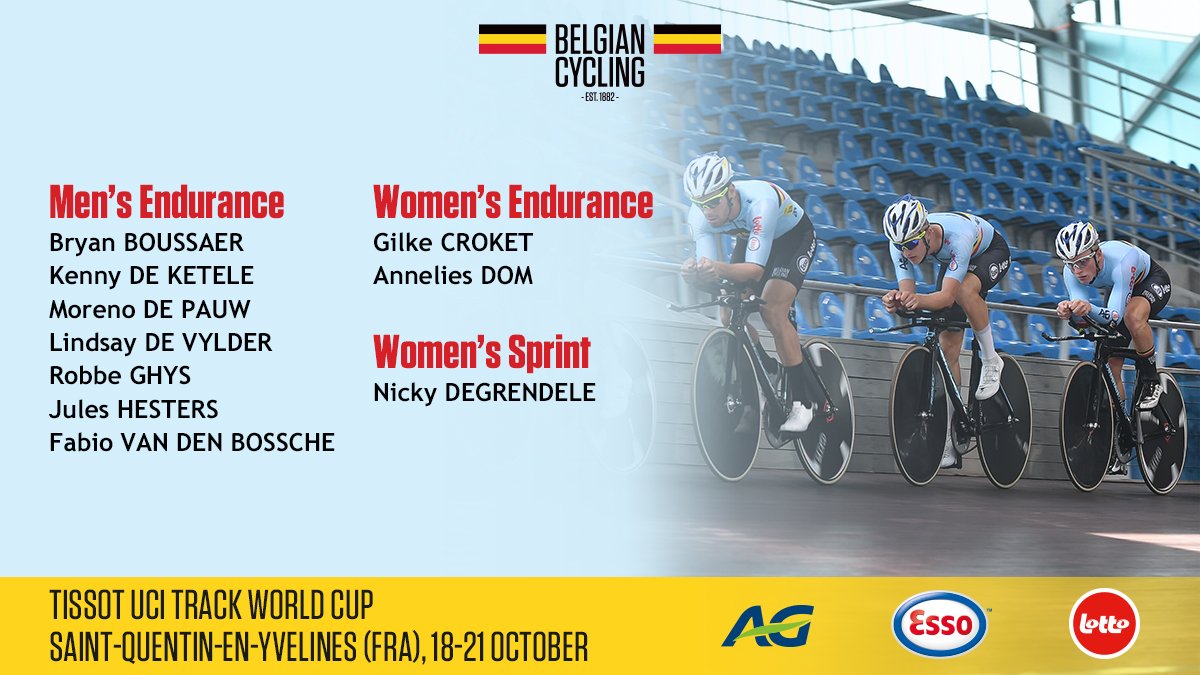 BELCyclingTeam's tweet photo. The 2018/2019 UCI Track World Cup season is about to start 😃
Here's our @BELCyclingTeam for the 1st round in Saint-Quentin-en-Yvelines 🇫🇷 | https://t.co/pTwEIoFdOR #TissotUCITrackWC https://t.co/SgAkAFdqQH