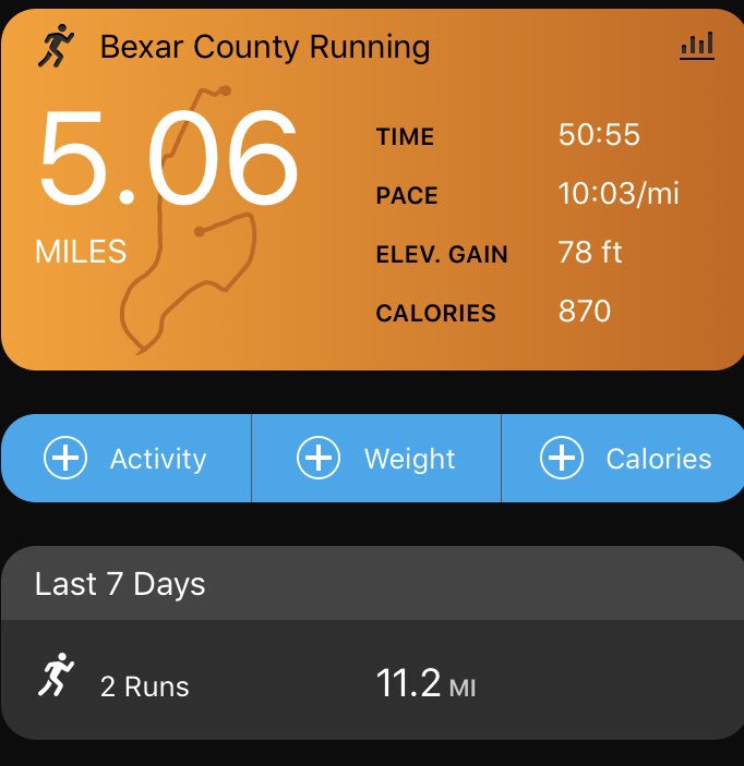 Horatio757's tweet photo. Nice 5 mile #run in #SanAntonio before my road trip. Building my mileage back up. No more basketball for a while, my back did not respond well😟 #RunHappy, #running, #runfocus https://t.co/w3MvTMvUvq