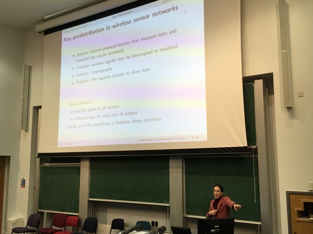 DrLouiseDyson's tweet image. Maura Paterson is talking about using combinatorics in information security to efficiently encrypt information using simple, small devices @warwickmaths @MathsSociety #AdaLovelaceDay18