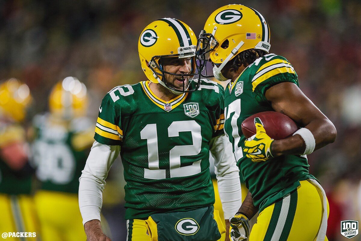 GBPdaily's tweet photo. • 425 pass yds, 2 TD’s. 💪

• 10 grabs, 132 yds, 2TD’s. 🤲

@AaronRodgers12 &amp; @tae15adams 🔥 https://t.co/y273p2w6Ej