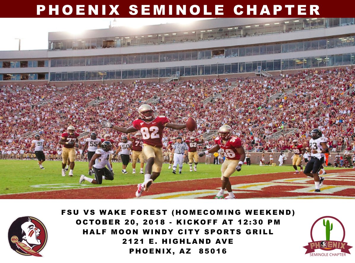 phxseminoles's tweet photo. Sat, Oct 20, FSU vs Wake Forest, kickoff @ 12:30 PM @ Half Moon Grill. If you’re visiting Phoenix and want to watch FSU football with @PhxSeminoles click on the website link in our bio, to go “EVENTS” for updated information. #GoNoles #PhoenixSeminoleChapter We are SEMINOLES! https://t.co/vi3DUVft8Z