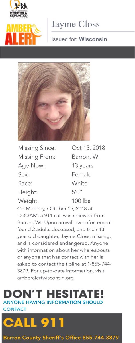 🚨 #Active #AmberAlert #JaymeCloss RT and help bring this girl home to her family. Will continue to post this until she’s found.