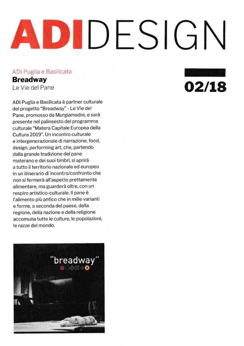 breadwaymatera's tweet photo. Solo qualche giorno fa, il nostro progetto #BreadwayMatera approdava su su ADI Design #Magazine nr. 02 distribuito da @ADIassodesign in occasione dell'inaugurazione della mostra ADI Design Index 2018
@Murgiamadre @Matera2019 #Matera2019 #CoMatera #OpenFuture https://t.co/cqpBtD4wpG