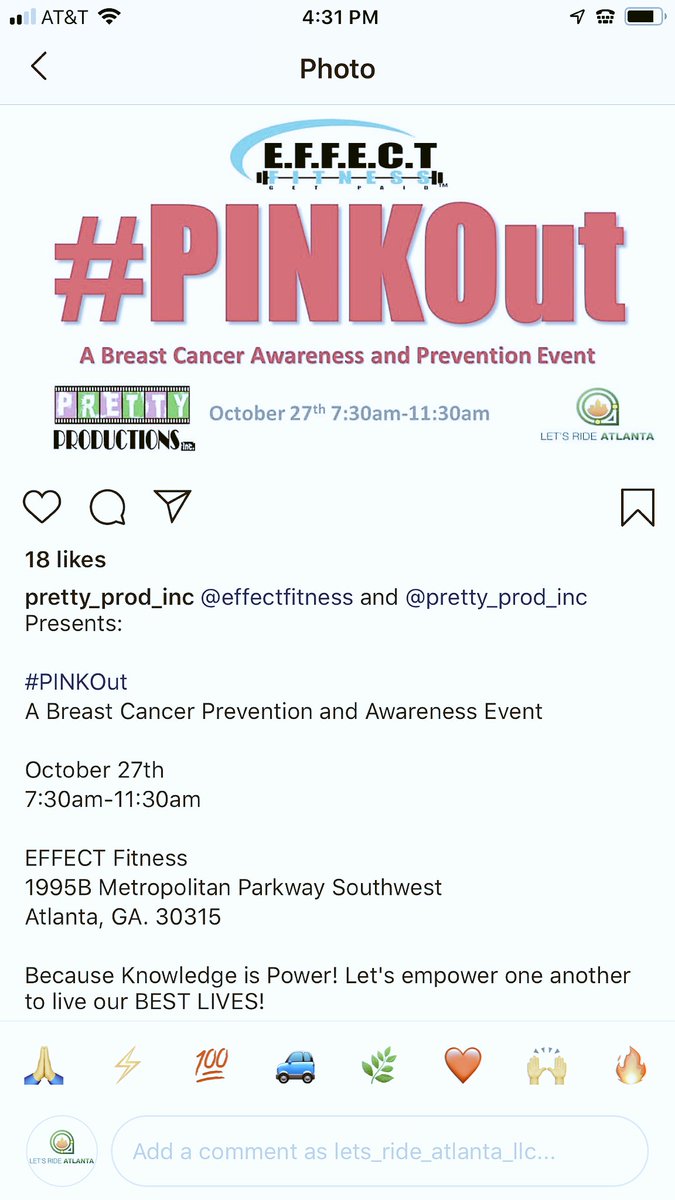 letsrideatlanta's tweet photo. Come out to support a great cause with good people next weekend! #Pinkout #BreastCancerAwareness #letsrideatlanta #prettyproductions #effectfitness https://t.co/DNqCtZNNJ7