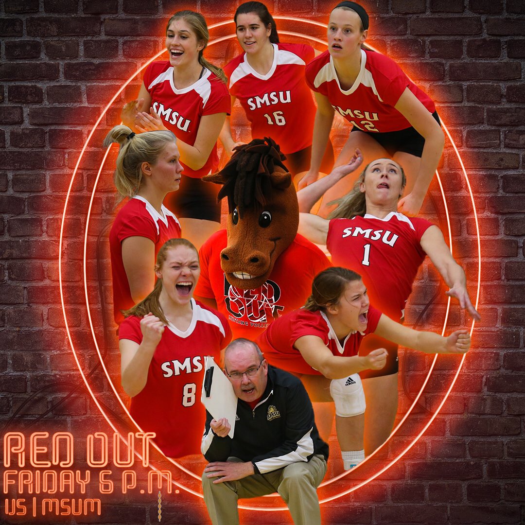 SMSUMustangs's tweet photo. The 8th Annual Red Out is set for Friday at 6 pm vs MSU-Moorhead in the PE Gym. First 400 Fans receive a FREE t-shirt #LetsRide🐴🔴 https://t.co/QOFooxFNcz