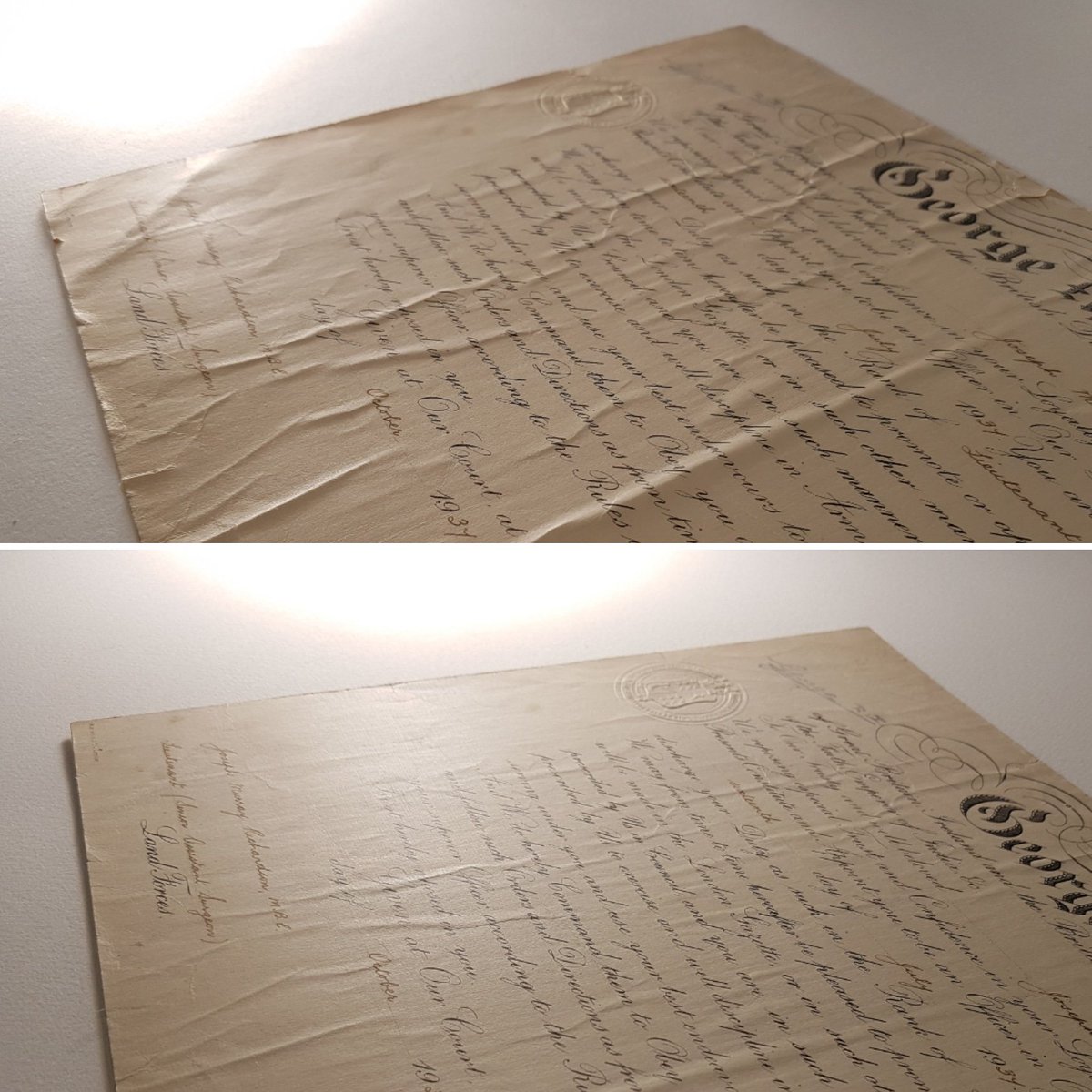 BPConservation's tweet photo. Before and after humidification and flattening of this 1934 document. Careful and controlled introduction of moisture allows the paper fibres to relax, reducing the cockling of the document. #artconservation #paperconservation #documentrestoration #lndont https://t.co/338S5xDWqt