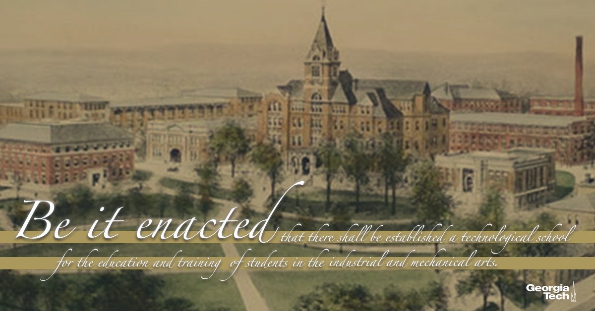 GeorgiaTech's tweet photo. Georgia Tech was founded this week in 1885. 

Atlanta was chosen over sites in Milledgeville, Macon, Penfield, and Athens. https://t.co/FEDV1lV4Ed
