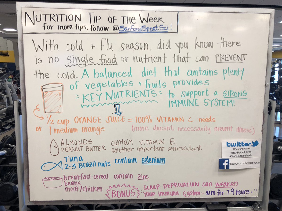 SanfordSportSci's tweet photo. Cold &amp; flu season is here, and although there are no foods that can completely prevent these illnesses, a balanced &amp; healthy diet can significantly strengthen your immune system. These tips from Sports Dietitian, @lizkasparekRD can help keep you healthy this season. https://t.co/PgKD4xYkHI