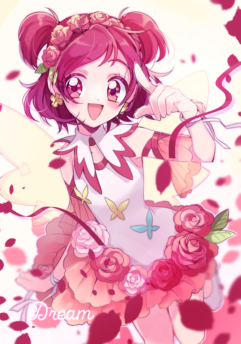 yumehara nozomi 1girl solo smile flower open mouth two side up rose  illustration images