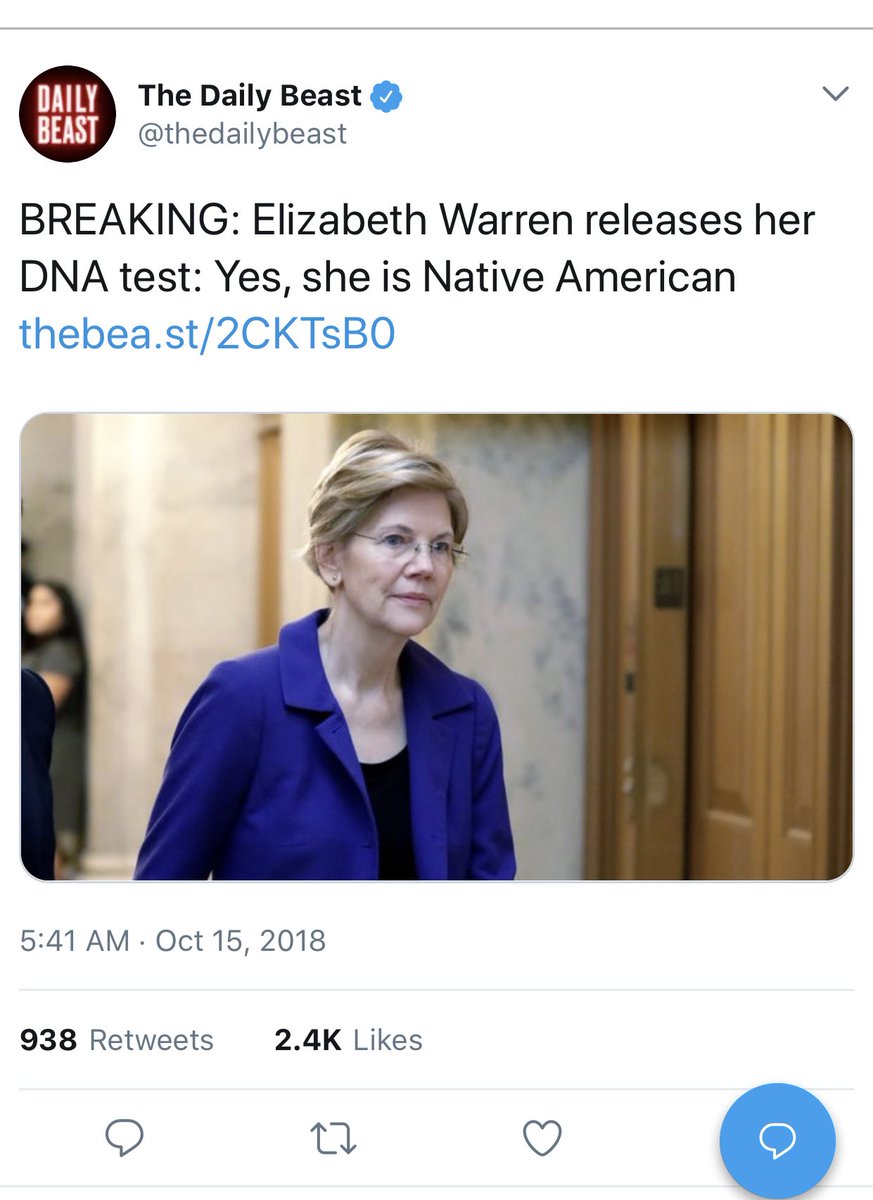 lbrot1's tweet photo. Looks like the @thedailybeast is a touch bipolar when it comes to @SenWarren ...
Seems even the fake news media couldn’t continue with their concerted effort to spin her DNA results!
@realDonaldTrump
#FakeWarren https://t.co/pxvZXP4S22