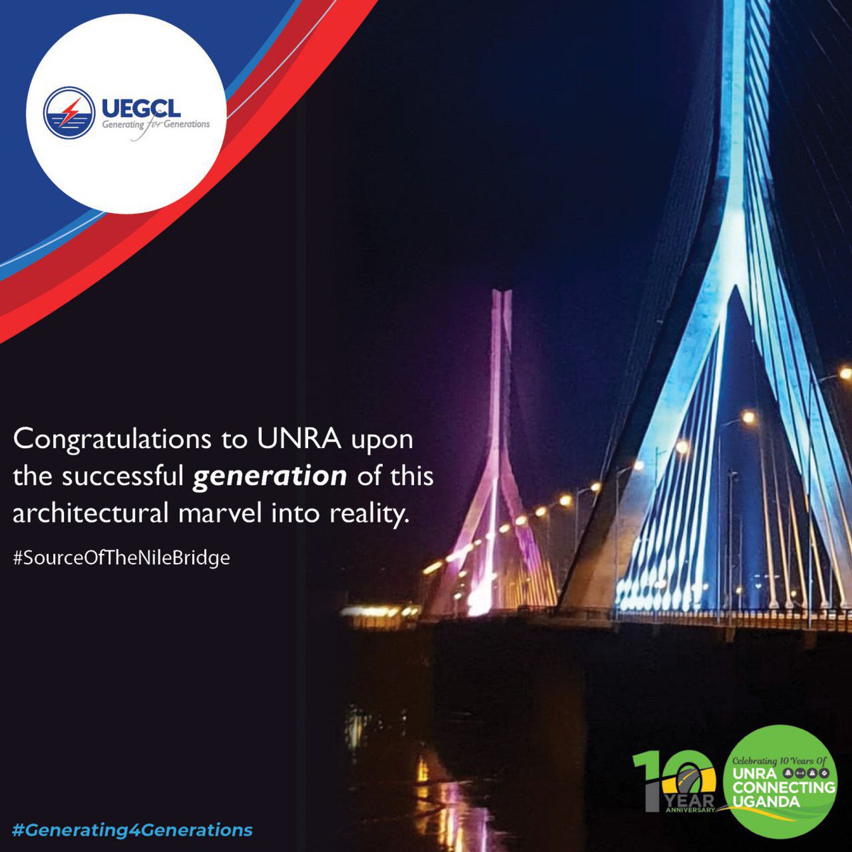 UegclOfficial's tweet photo. With our turbines just across the #SourceofNileBridge, we are proud to generate those Megawatts lighting up this architectural marvel. Congratulations @UNRA_UG, @MoWT_Uganda, @Allen_Kagina https://t.co/M6nxonIEz6
